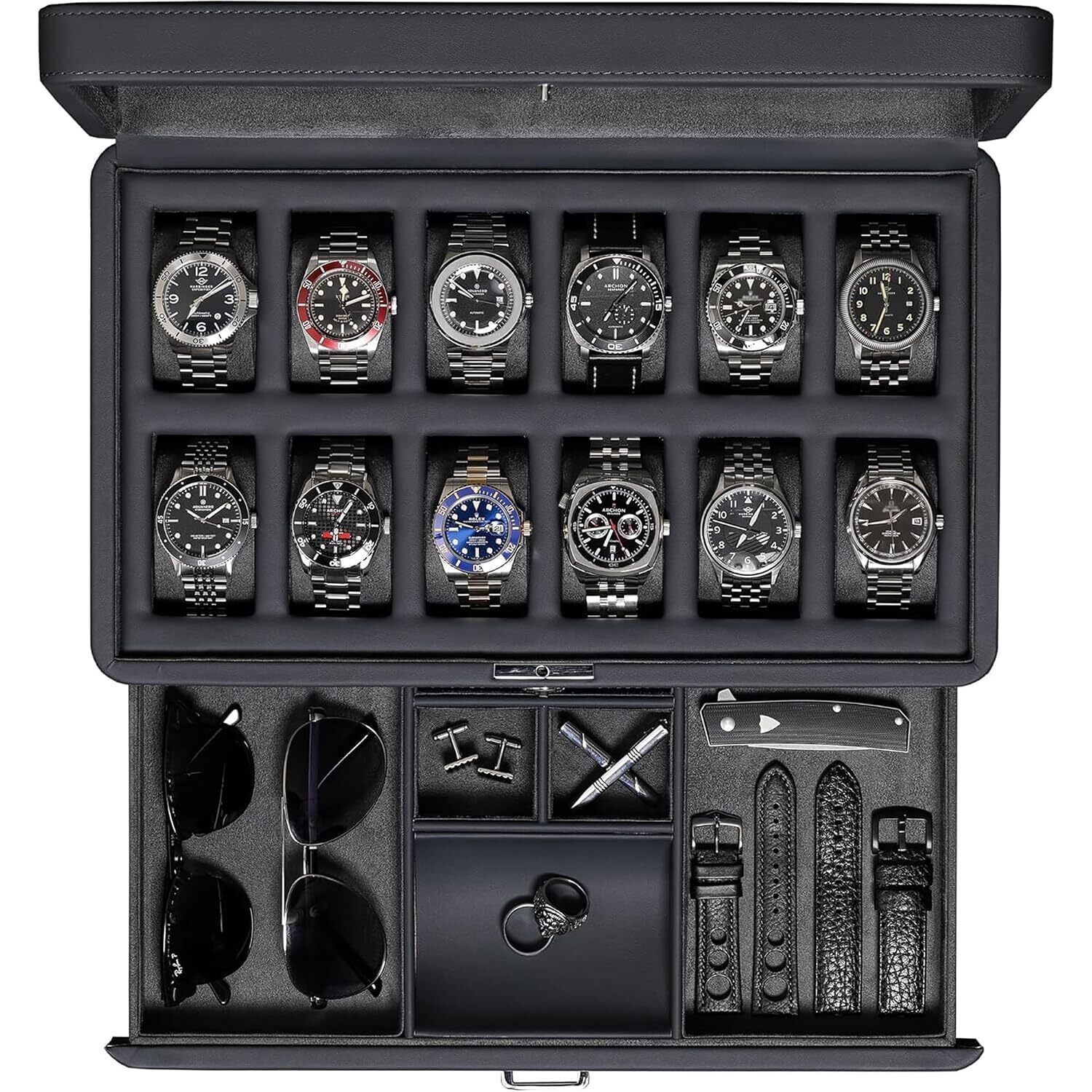 Luxury Watch Box For 12 Watches Pu Leather Watch Box With Real Glass